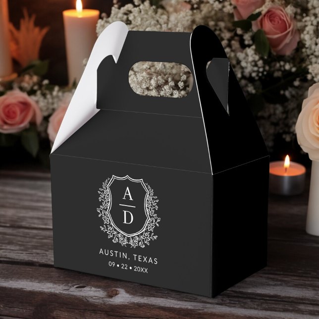 Floral Monogram Wedding Black Crest Modern Favor Box (Creator Uploaded)