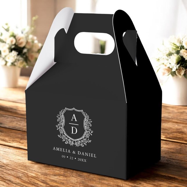 Floral Monogram Wedding Black Crest Modern Favor Box (Creator Uploaded)