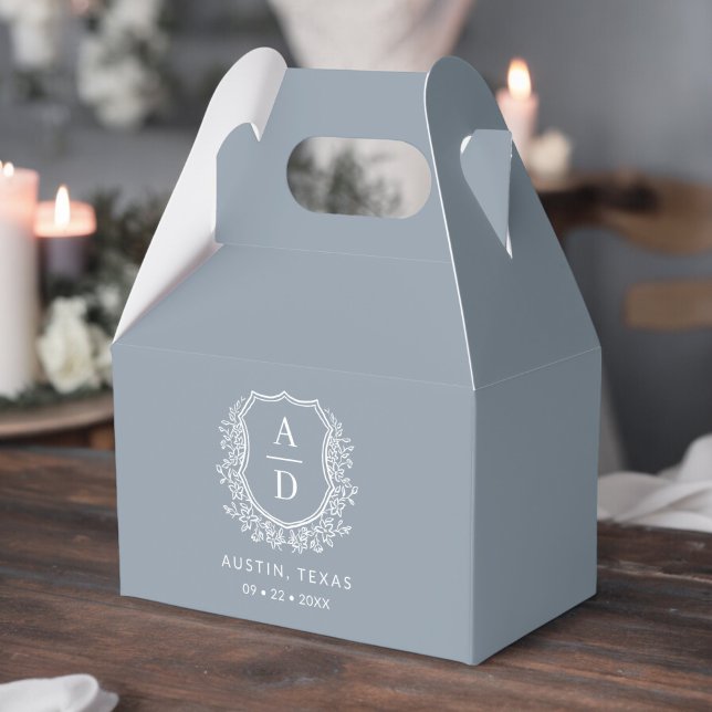 Floral Monogram Wedding Dusty Blue Crest Modern Favor Box (Creator Uploaded)