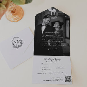 Floral Monogram Wedding Photo QR Code All In One Invitation