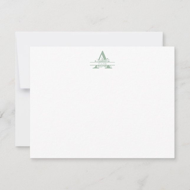 Floral Monogram with Green Gingham Note Card (Front)