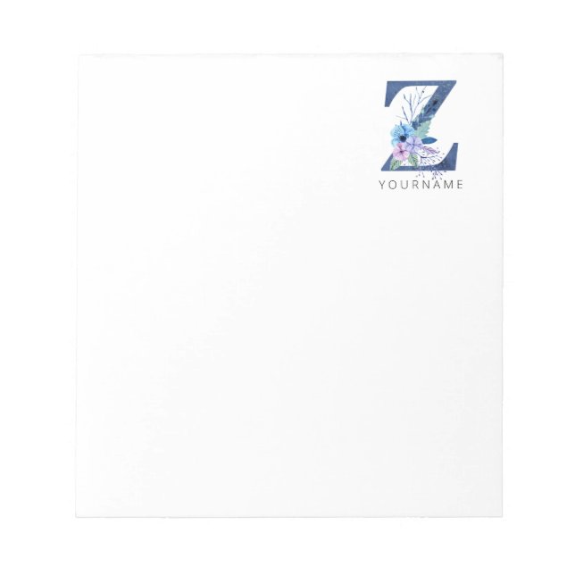 Floral Monogram Z Winter Blue Blossoms Notepad (Front)