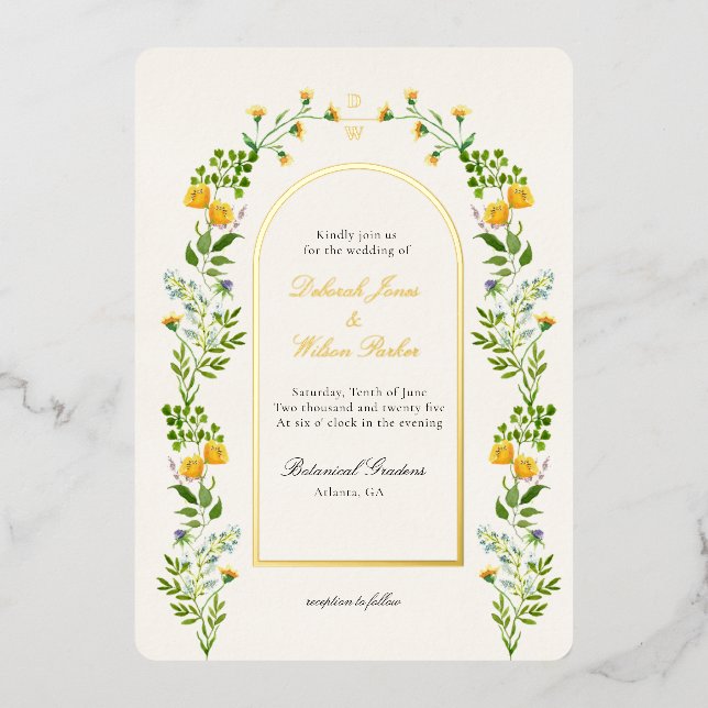 Floral monogrammé en Arch cadre Foil Invitation (Recto)