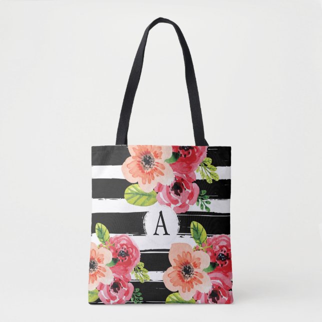 Floral Monogramme noir blanc rayures | SAC FOURRE- (Devant)