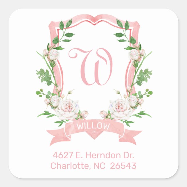Floral Monogrammed Crest Return Address Square Sticker (Front)