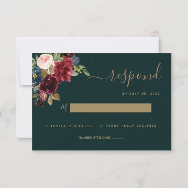 Floral Moody Emerald Green Jewel Tone Wedding RSVP (Front)