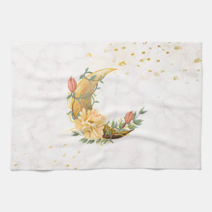 Floral Moon, Beige and Yellow Graphic Kitchen Towel