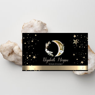 Floral Moon Gold Stars Black Yoga Studio Business Card