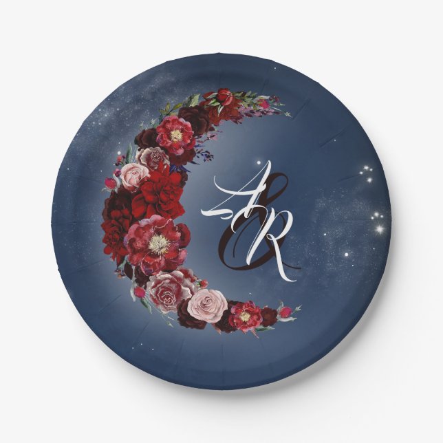Floral Moon | Navy and Burgundy Wedding Paper Plate (Front)