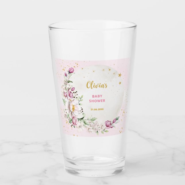 Floral Moon Pink Baby Shower Glass (Front)