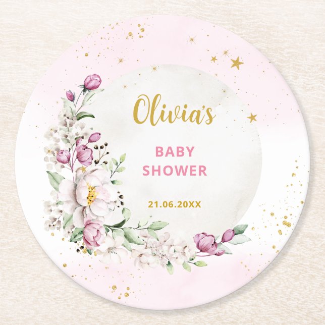 Floral Moon Pink Baby Shower Round Paper Coaster (Front)