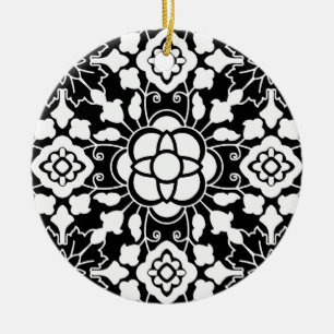 Floral Moroccan Tile, Black and White Ceramic Orna Ornament