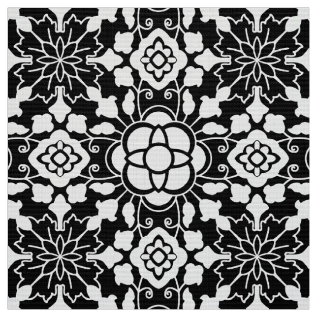 Floral Moroccan Tile, Black and White Fabric (Swatch)