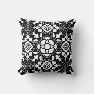 Floral Moroccan Tile, Black and White Throw Pillow