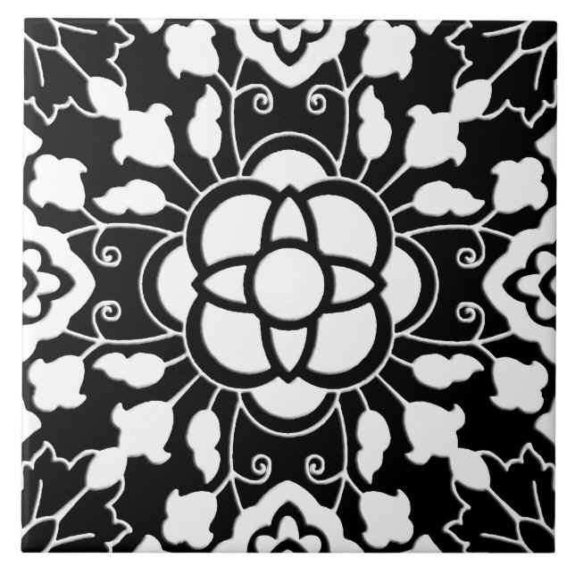 Floral Moroccan Tile, Black and White Tile (Front)