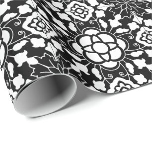 Floral Moroccan Tile, Black and White Wrapping Paper