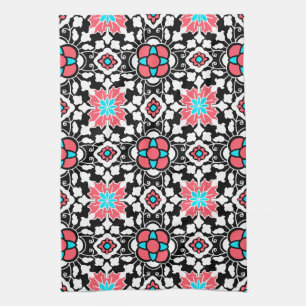 Floral Moroccan Tile, Black, White and Coral Pink Kitchen Towel