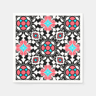 Floral Moroccan Tile, Black, White and Coral Pink Napkin