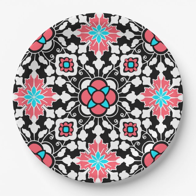 Floral Moroccan Tile, Black, White and Coral Pink Paper Plate (Front)