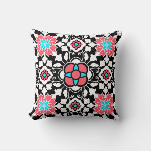 Floral Moroccan Tile, Black, White and Coral Pink Throw Pillow