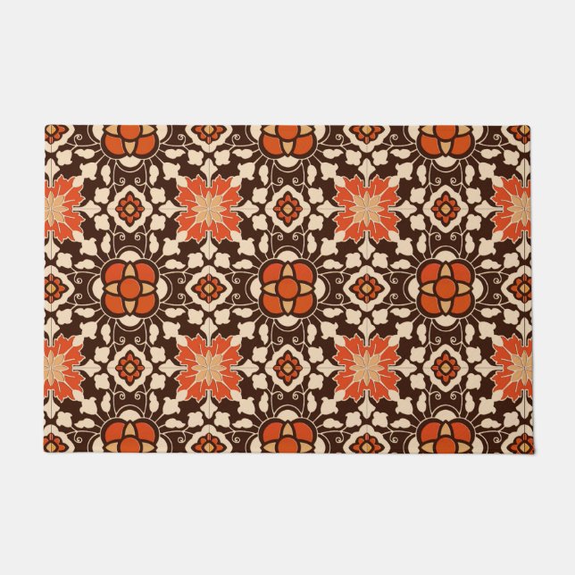 Floral Moroccan Tile, Brown, Rust and Beige Doormat (Front)