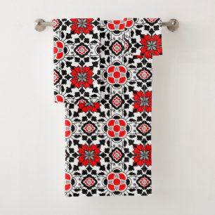 Floral Moroccan Tile, Deep Red, Black and White Bath Towel Set