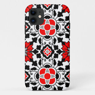 Floral Moroccan Tile, Deep Red, Black  and White iPhone 11 Case