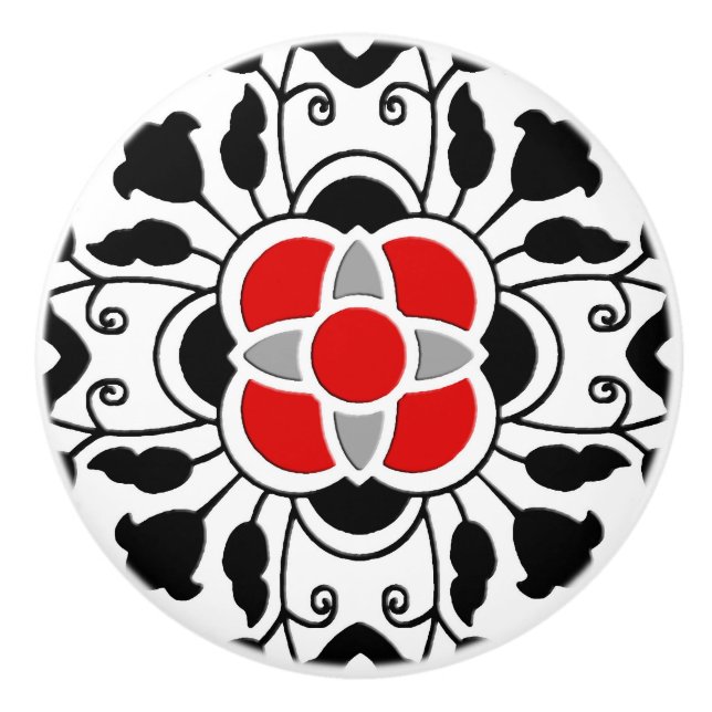 Floral Moroccan Tile, Deep Red, Black  and White Ceramic Knob (Front)
