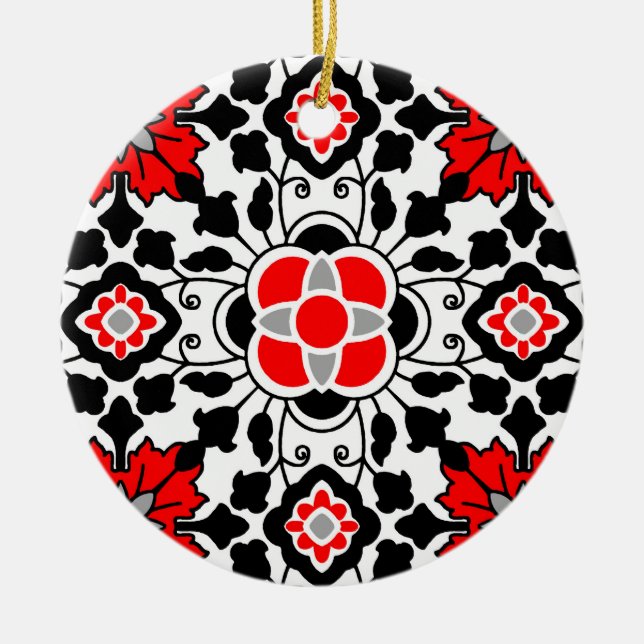 Floral Moroccan Tile, Deep Red, Black and White Ceramic Ornament (Front)