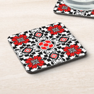 Floral Moroccan Tile, Deep Red, Black and White Coaster