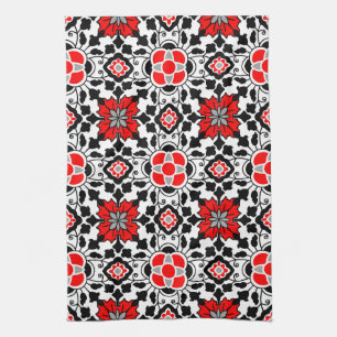 Floral Moroccan Tile, Deep Red, Black and White Kitchen Towel