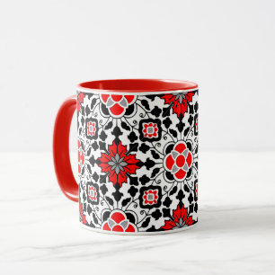 Floral Moroccan Tile, Deep Red, Black  and White M Mug