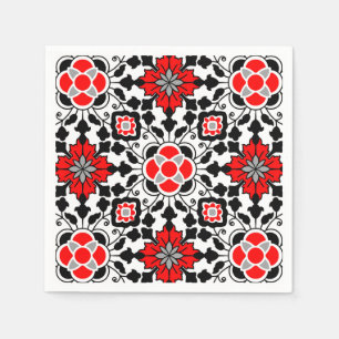 Floral Moroccan Tile, Deep Red, Black  and White Napkin