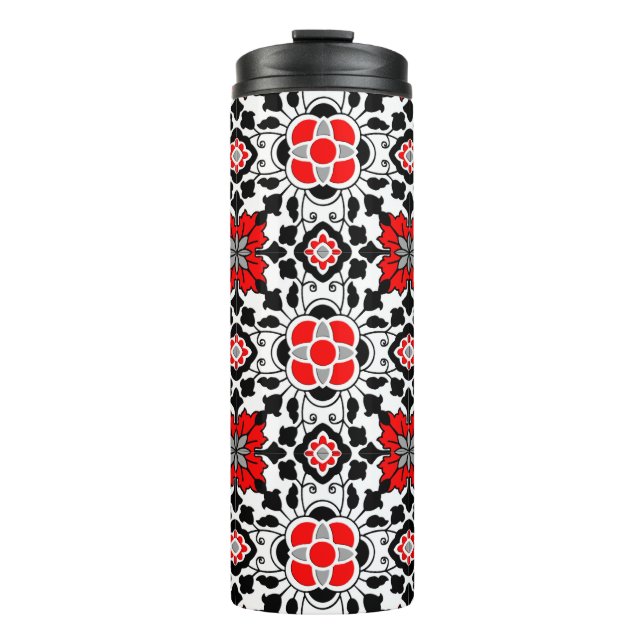 Floral Moroccan Tile, Deep Red, Black and White Thermal Tumbler (Front)