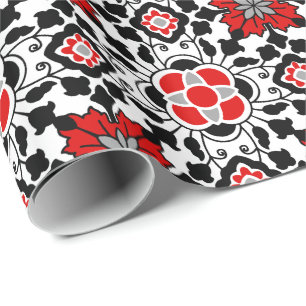 Floral Moroccan Tile, Deep Red, Black  and White Wrapping Paper