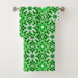 Floral Moroccan Tile, Emerald and Lime Green Bath Towel Set