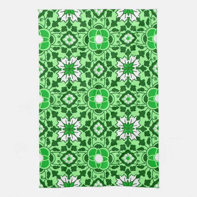 Floral Moroccan Tile, Emerald and Lime Green Kitchen Towel (Vertical)
