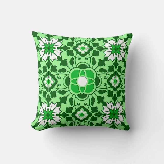 Floral Moroccan Tile, Emerald and Lime Green Throw Pillow (Front)