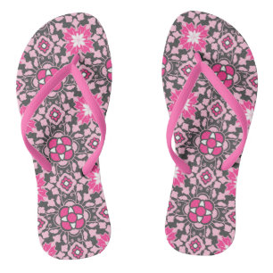 Floral Moroccan Tile, Fuchsia Pink & Grey / Grey Flip Flops