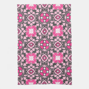 Floral Moroccan Tile, Fuchsia Pink & Grey / Grey Kitchen Towel
