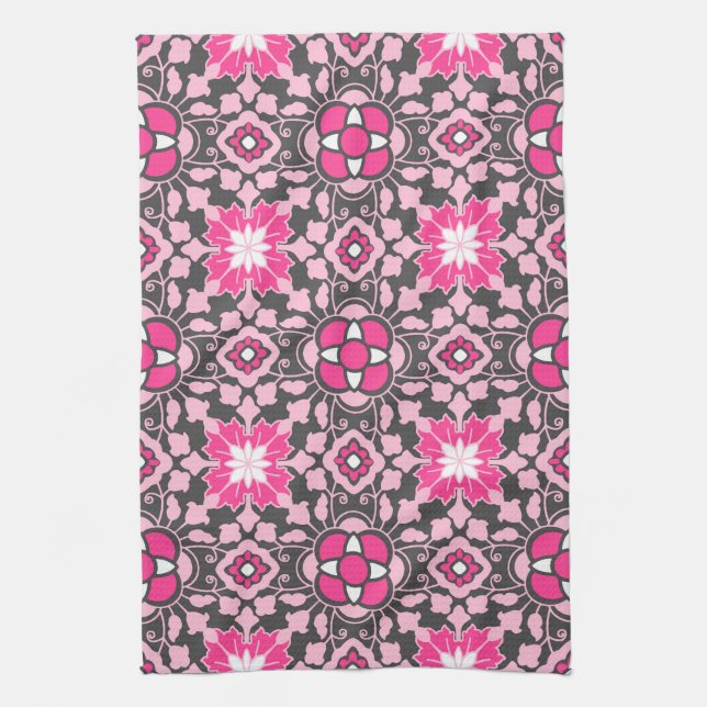 Floral Moroccan Tile, Fuchsia Pink & Grey / Grey Kitchen Towel (Vertical)
