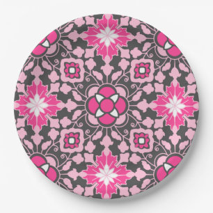 Floral Moroccan Tile, Fuchsia Pink & Grey / Grey Paper Plate
