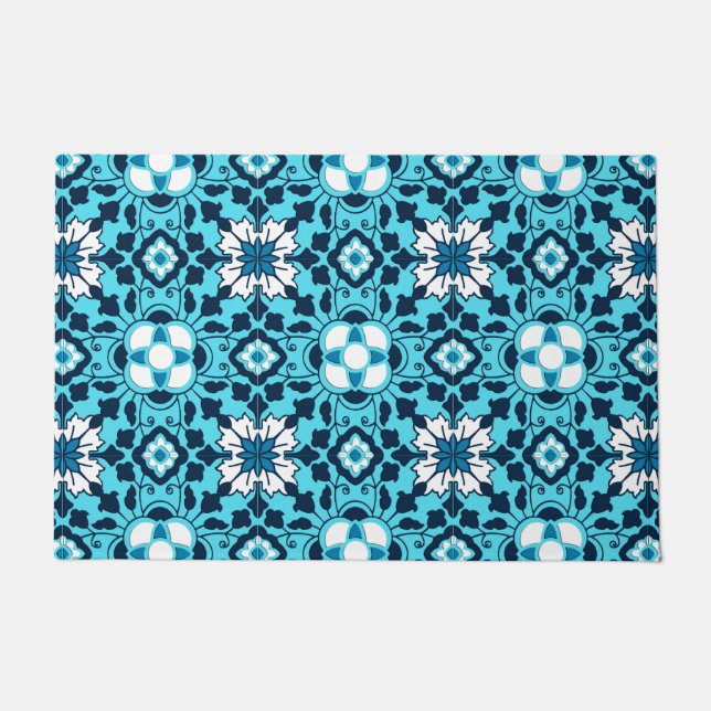 Floral Moroccan Tile, Indigo, Sky Blue and White Doormat (Front)