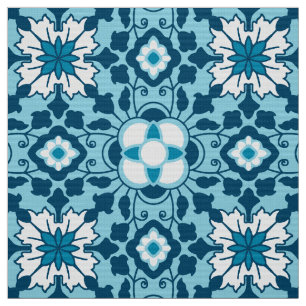 Floral Moroccan Tile, Indigo, Sky Blue and White Fabric