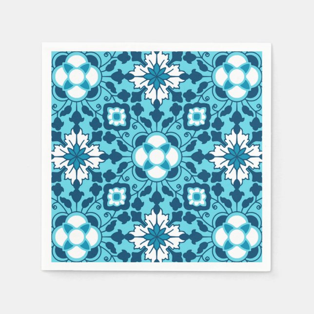 Floral Moroccan Tile, Indigo, Sky Blue and White Napkin (Front)