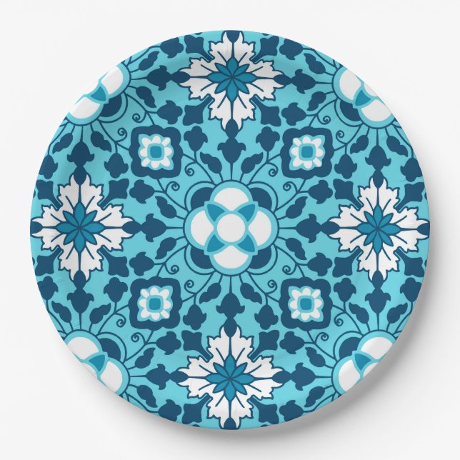 Floral Moroccan Tile, Indigo, Sky Blue and White Paper Plate (Front)