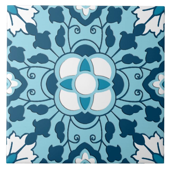 Floral Moroccan Tile, Indigo, Sky Blue and White Tile (Front)
