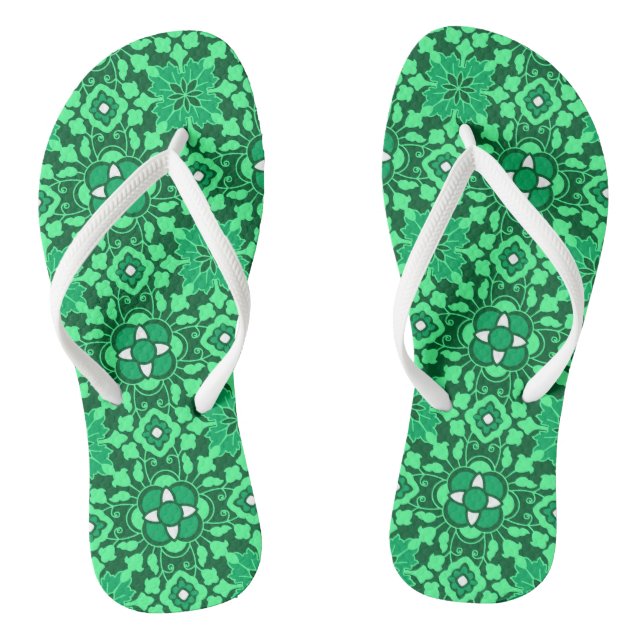 Floral Moroccan Tile, Light and Dark Jade Green Flip Flops (Footbed)