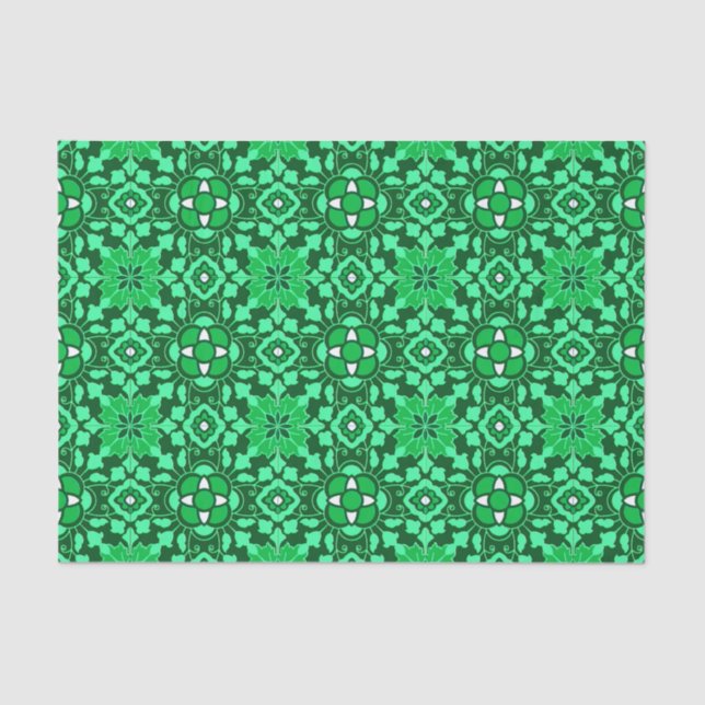 Floral Moroccan Tile, Light and Dark Jade Green Tissue Paper (Front)