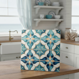 Floral Moroccan Tile Pattern#1 Teal White ID1078